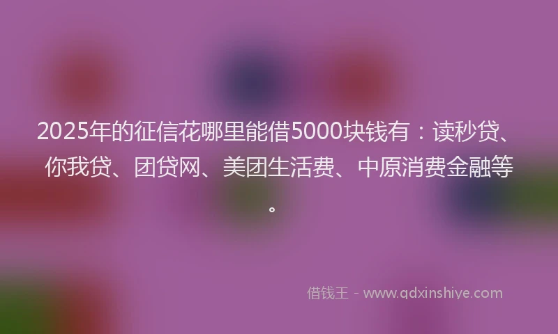 2025年的征信花哪里能借5000块钱有：读秒贷、你我贷、团贷网、美团生活费、中原消费金融等。