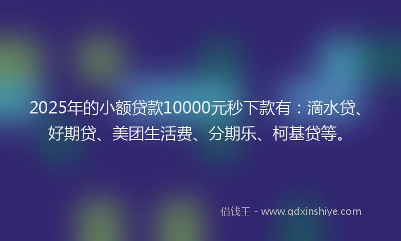 2025年的小额贷款10000元秒下款有：滴水贷、好期贷、美团生活费、分期乐、柯基贷等。