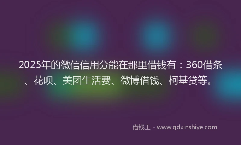 2025年的微信信用分能在那里借钱有：360借条、花呗、美团生活费、微博借钱、柯基贷等。