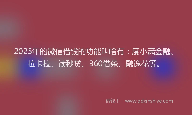 2025年的微信借钱的功能叫啥有：度小满金融、拉卡拉、读秒贷、360借条、融逸花等。