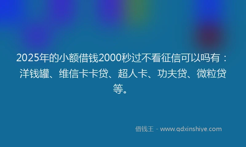 2025年的小额借钱2000秒过不看征信可以吗有：洋钱罐、维信卡卡贷、超人卡、功夫贷、微粒贷等。