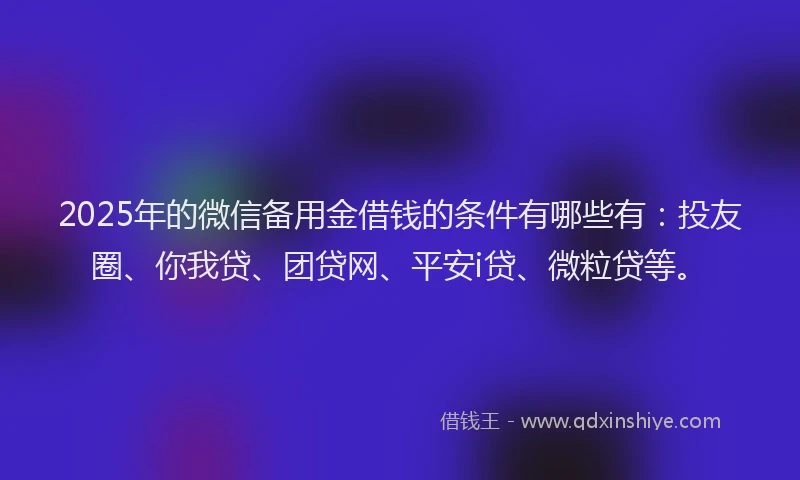 2025年的微信备用金借钱的条件有哪些有：投友圈、你我贷、团贷网、平安i贷、微粒贷等。