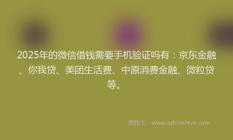 2025年的微信借钱需要手机验证吗有：京东金融、你我贷、美团生活费、中原消费金融、微粒贷等。