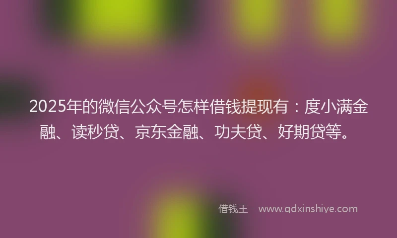 2025年的微信公众号怎样借钱提现有：度小满金融、读秒贷、京东金融、功夫贷、好期贷等。