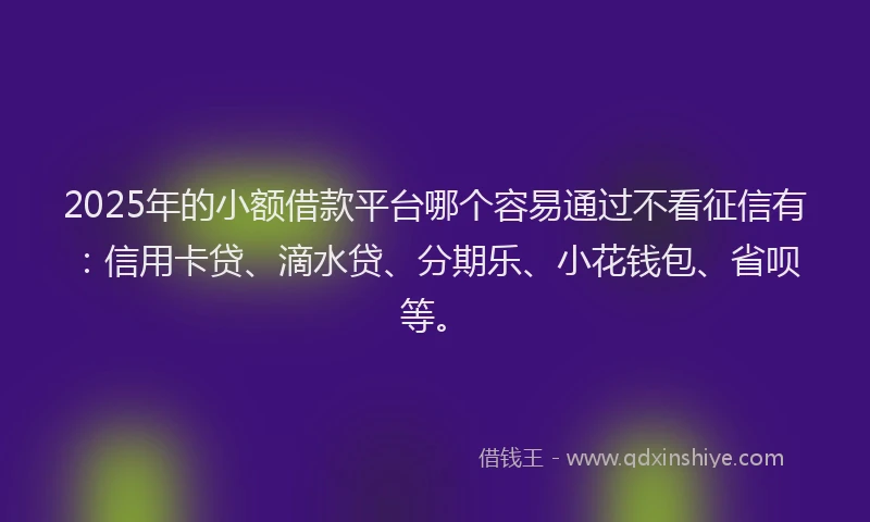 2025年的小额借款平台哪个容易通过不看征信有：信用卡贷、滴水贷、分期乐、小花钱包、省呗等。