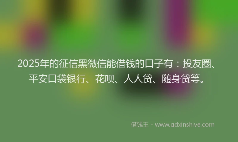 2025年的征信黑微信能借钱的口子有：投友圈、平安口袋银行、花呗、人人贷、随身贷等。