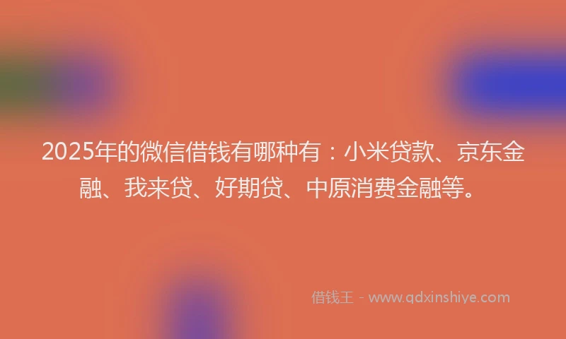 2025年的微信借钱有哪种有：小米贷款、京东金融、我来贷、好期贷、中原消费金融等。