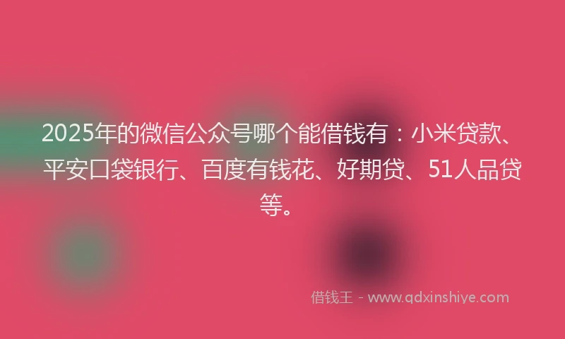 2025年的微信公众号哪个能借钱有：小米贷款、平安口袋银行、百度有钱花、好期贷、51人品贷等。