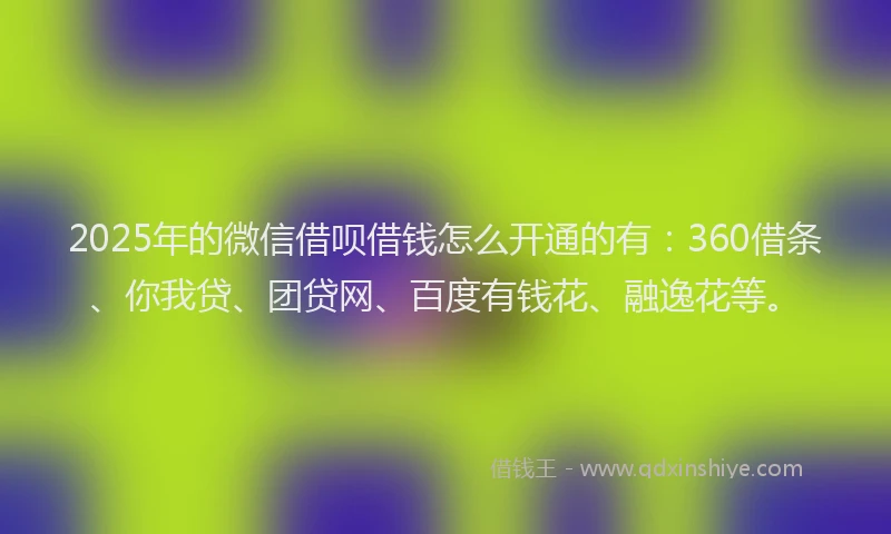 2025年的微信借呗借钱怎么开通的有：360借条、你我贷、团贷网、百度有钱花、融逸花等。