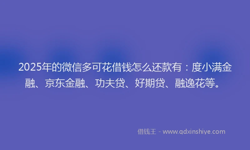 2025年的微信多可花借钱怎么还款有：度小满金融、京东金融、功夫贷、好期贷、融逸花等。