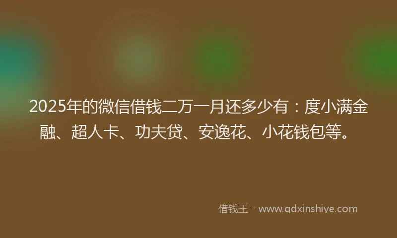 2025年的微信借钱二万一月还多少有：度小满金融、超人卡、功夫贷、安逸花、小花钱包等。