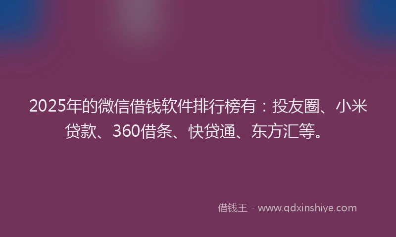 2025年的微信借钱软件排行榜有：投友圈、小米贷款、360借条、快贷通、东方汇等。