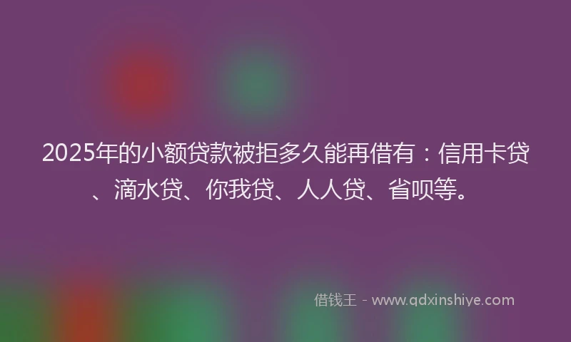 2025年的小额贷款被拒多久能再借有：信用卡贷、滴水贷、你我贷、人人贷、省呗等。