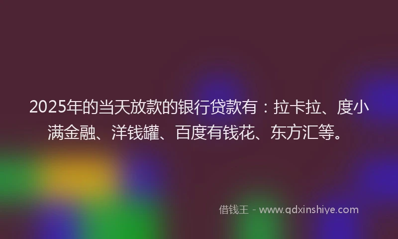 2025年的当天放款的银行贷款有：拉卡拉、度小满金融、洋钱罐、百度有钱花、东方汇等。
