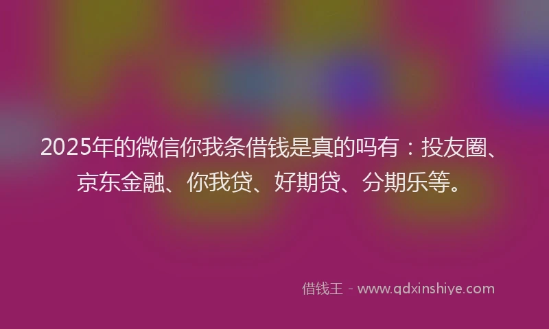 2025年的微信你我条借钱是真的吗有:投友圈、京东金融、你我贷、好期贷、分期乐等。