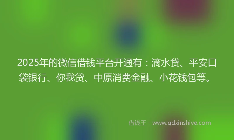 2025年的微信借钱平台开通有：滴水贷、平安口袋银行、你我贷、中原消费金融、小花钱包等。