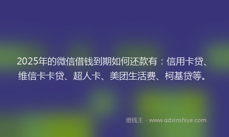 2025年的微信借钱到期如何还款有：信用卡贷、维信卡卡贷、超人卡、美团生活费、柯基贷等。