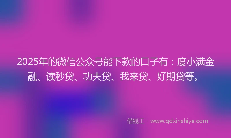 2025年的微信公众号能下款的口子有：度小满金融、读秒贷、功夫贷、我来贷、好期贷等。