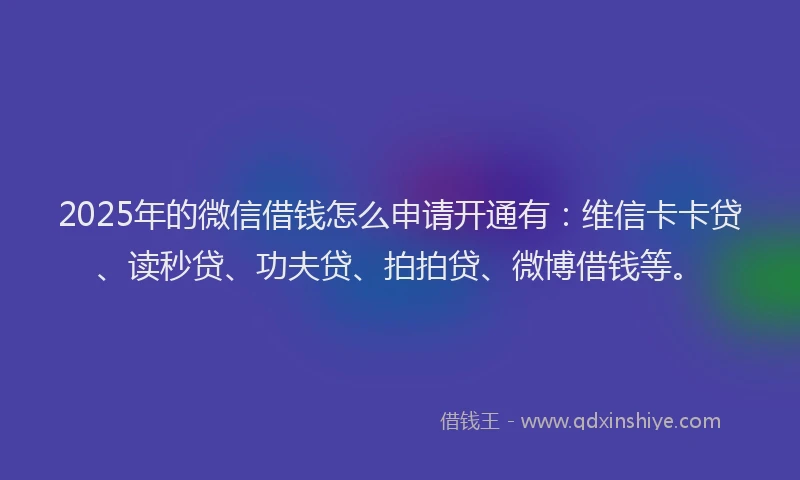 2025年的微信借钱怎么申请开通有：维信卡卡贷、读秒贷、功夫贷、拍拍贷、微博借钱等。