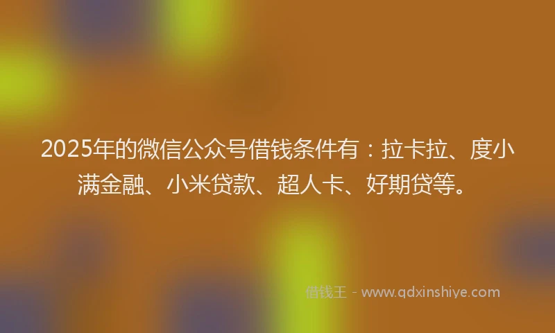 2025年的微信公众号借钱条件有：拉卡拉、度小满金融、小米贷款、超人卡、好期贷等。