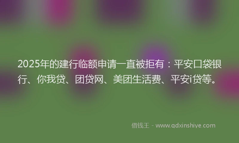 2025年的建行临额申请一直被拒有：平安口袋银行、你我贷、团贷网、美团生活费、平安i贷等。