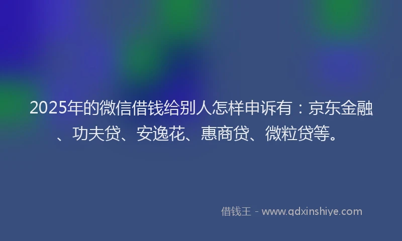 2025年的微信借钱给别人怎样申诉有：京东金融、功夫贷、安逸花、惠商贷、微粒贷等。