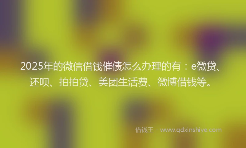 2025年的微信借钱催债怎么办理的有：e微贷、还呗、拍拍贷、美团生活费、微博借钱等。