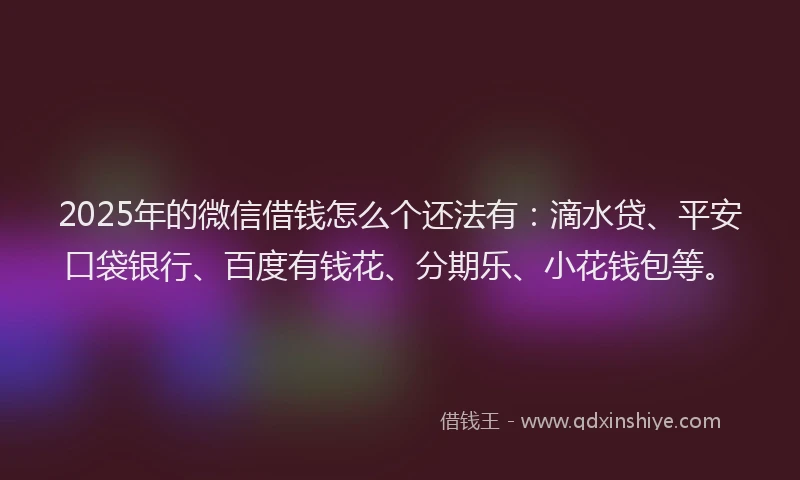 2025年的微信借钱怎么个还法有：滴水贷、平安口袋银行、百度有钱花、分期乐、小花钱包等。
