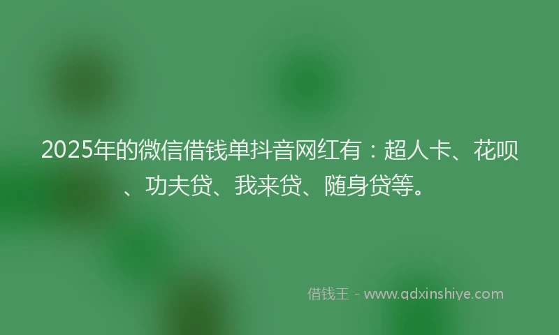 2025年的微信借钱单抖音网红有：超人卡、花呗、功夫贷、我来贷、随身贷等。