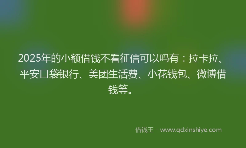 2025年的小额借钱不看征信可以吗有：拉卡拉、平安口袋银行、美团生活费、小花钱包、微博借钱等。