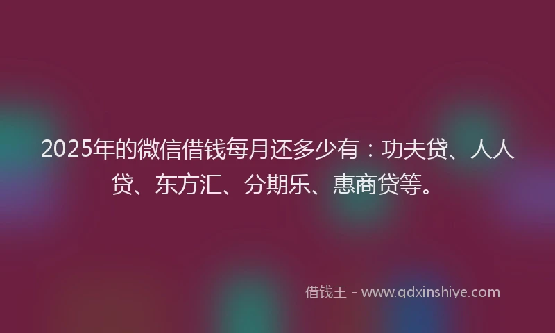 2025年的微信借钱每月还多少有：功夫贷、人人贷、东方汇、分期乐、惠商贷等。