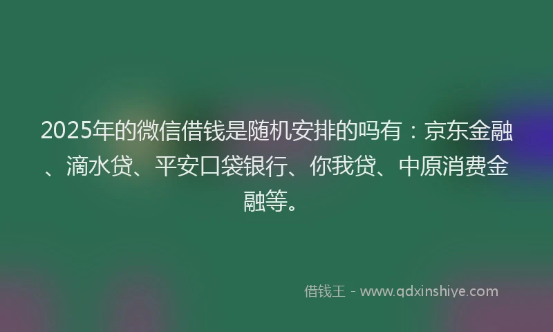 2025年的微信借钱是随机安排的吗有：京东金融、滴水贷、平安口袋银行、你我贷、中原消费金融等。