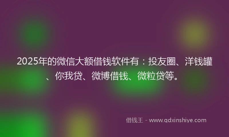 2025年的微信大额借钱软件有：投友圈、洋钱罐、你我贷、微博借钱、微粒贷等。