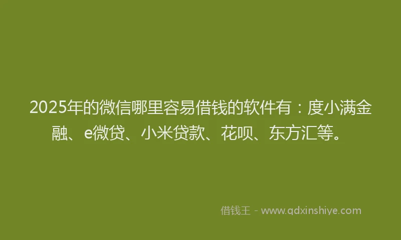 2025年的微信哪里容易借钱的软件有：度小满金融、e微贷、小米贷款、花呗、东方汇等。