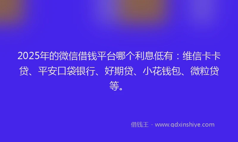 2025年的微信借钱平台哪个利息低有：维信卡卡贷、平安口袋银行、好期贷、小花钱包、微粒贷等。