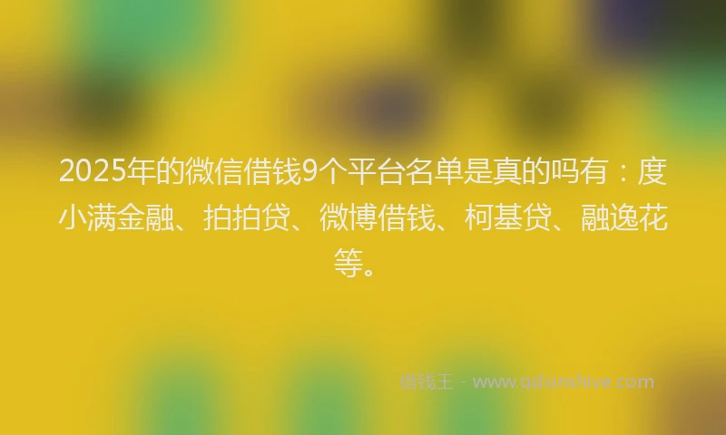 2025年的微信借钱9个平台名单是真的吗有：度小满金融、拍拍贷、微博借钱、柯基贷、融逸花等。