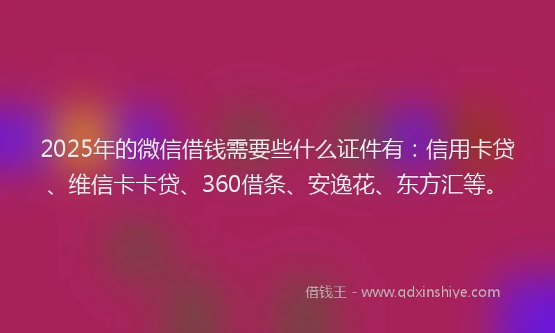 2025年的微信借钱需要些什么证件有：信用卡贷、维信卡卡贷、360借条、安逸花、东方汇等。