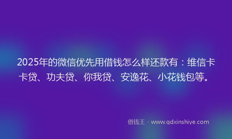 2025年的微信优先用借钱怎么样还款有：维信卡卡贷、功夫贷、你我贷、安逸花、小花钱包等。