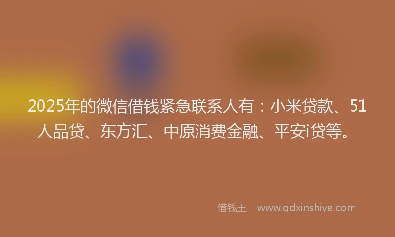 2025年的微信借钱紧急联系人有：小米贷款、51人品贷、东方汇、中原消费金融、平安i贷等。