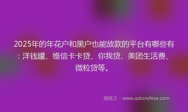 2025年的年花户和黑户也能放款的平台有哪些有：洋钱罐、维信卡卡贷、你我贷、美团生活费、微粒贷等。