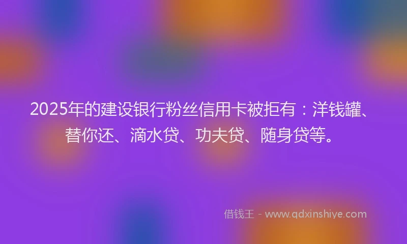 2025年的建设银行粉丝信用卡被拒有：洋钱罐、替你还、滴水贷、功夫贷、随身贷等。