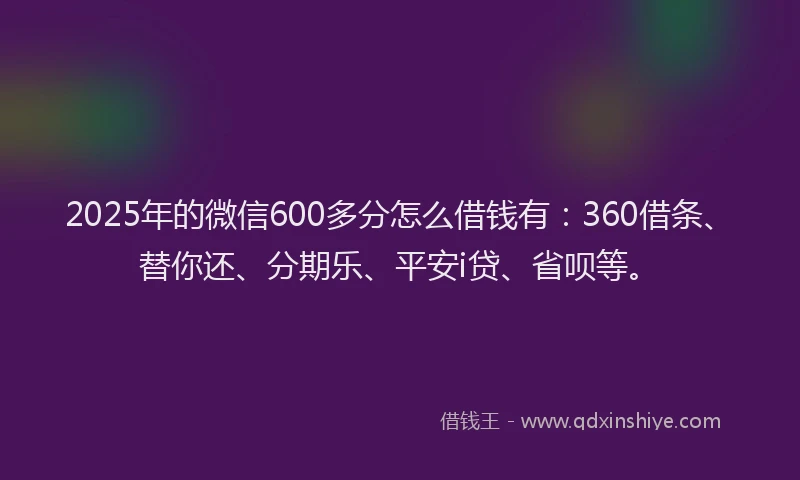 2025年的微信600多分怎么借钱有：360借条、替你还、分期乐、平安i贷、省呗等。