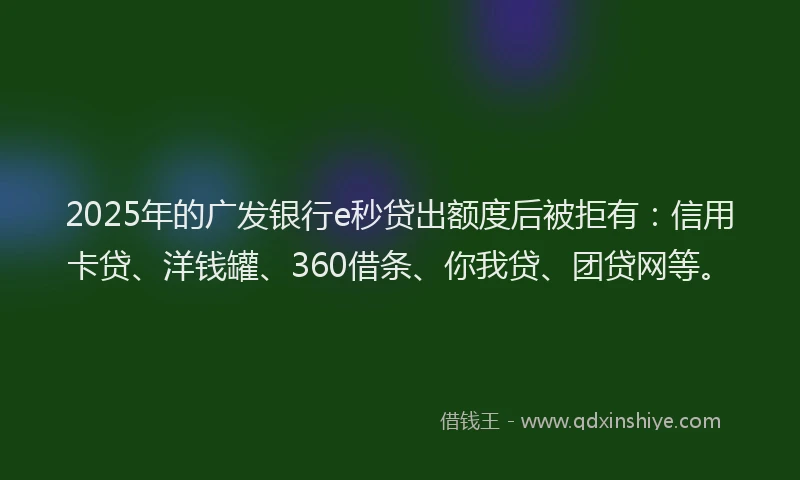 2025年的广发银行e秒贷出额度后被拒有：信用卡贷、洋钱罐、360借条、你我贷、团贷网等。