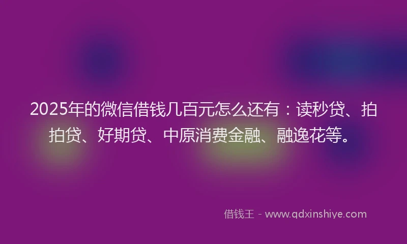 2025年的微信借钱几百元怎么还有：读秒贷、拍拍贷、好期贷、中原消费金融、融逸花等。
