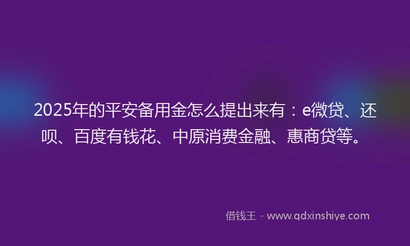 2025年的平安备用金怎么提出来有：e微贷、还呗、百度有钱花、中原消费金融、惠商贷等。