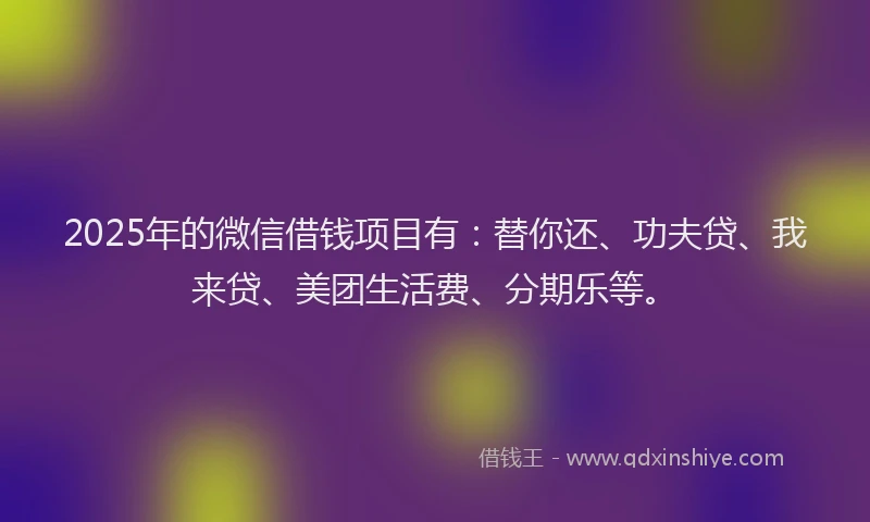 2025年的微信借钱项目有：替你还、功夫贷、我来贷、美团生活费、分期乐等。
