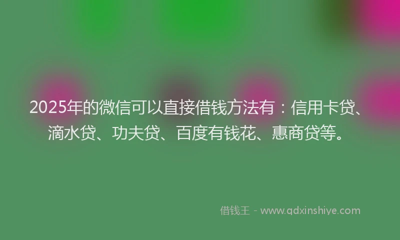 2025年的微信可以直接借钱方法有：信用卡贷、滴水贷、功夫贷、百度有钱花、惠商贷等。