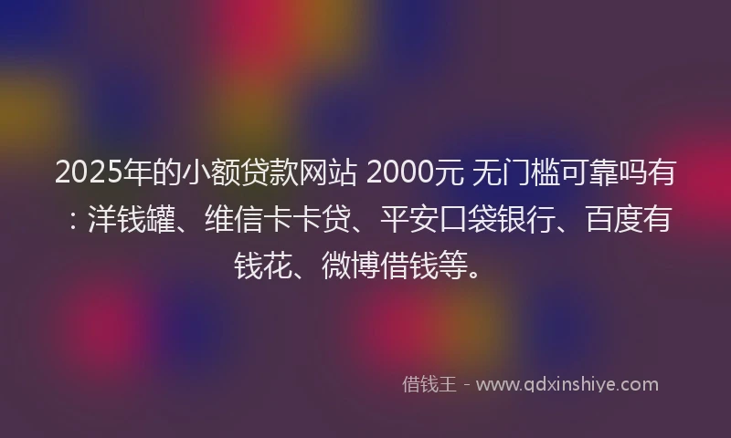 2025年的小额贷款网站 2000元 无门槛可靠吗有：洋钱罐、维信卡卡贷、平安口袋银行、百度有钱花、微博借钱等。