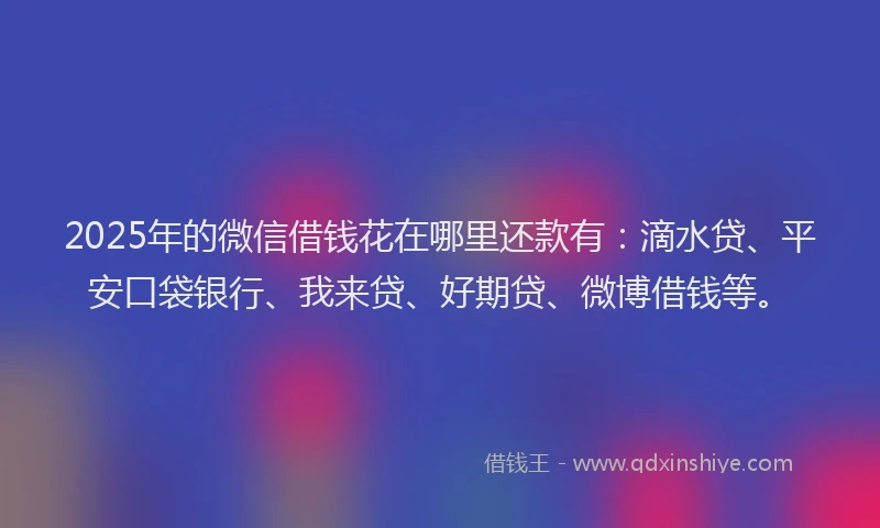 2025年的微信借钱花在哪里还款有：滴水贷、平安口袋银行、我来贷、好期贷、微博借钱等。