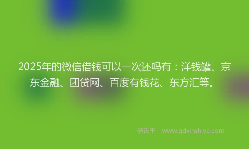 2025年的微信借钱可以一次还吗有：洋钱罐、京东金融、团贷网、百度有钱花、东方汇等。